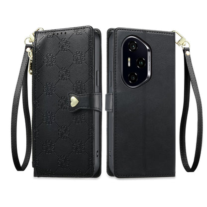 For Honor 300 Pro Zipper Wallet Heart Buckle Vegan Leather Phone Case with Wrist Strap(Black)