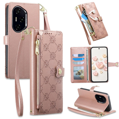 For Honor 300 Pro Zipper Wallet Heart Buckle Vegan Leather Phone Case with Wrist Strap(Pink)