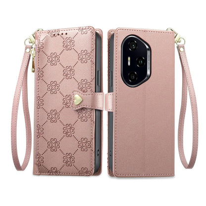 For Honor 300 Pro Zipper Wallet Heart Buckle Vegan Leather Phone Case with Wrist Strap(Pink)