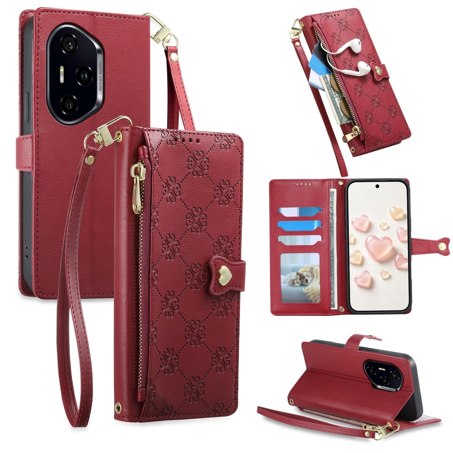 For Honor 300 Pro Zipper Wallet Heart Buckle Vegan Leather Phone Case with Wrist Strap(Red)