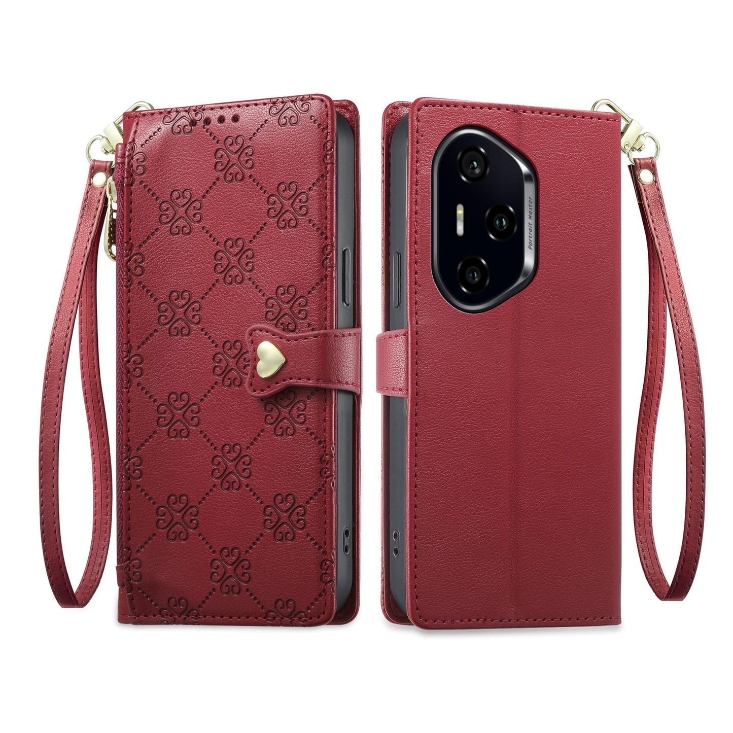 For Honor 300 Pro Zipper Wallet Heart Buckle Vegan Leather Phone Case with Wrist Strap(Red)