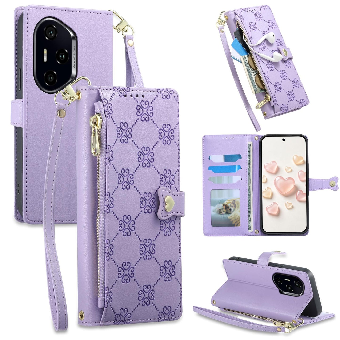 For Honor 300 Pro Zipper Wallet Heart Buckle Vegan Leather Phone Case with Wrist Strap(Purple)