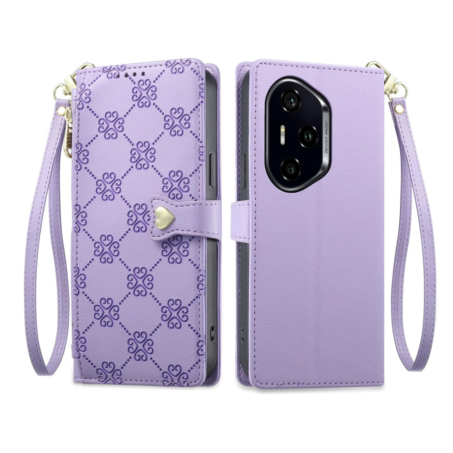 For Honor 300 Pro Zipper Wallet Heart Buckle Vegan Leather Phone Case with Wrist Strap(Purple)