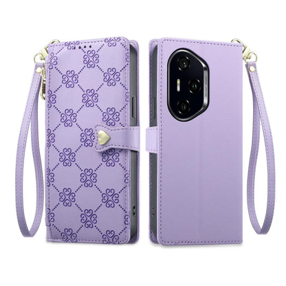 For Honor 300 Pro Zipper Wallet Heart Buckle Vegan Leather Phone Case with Wrist Strap(Purple)