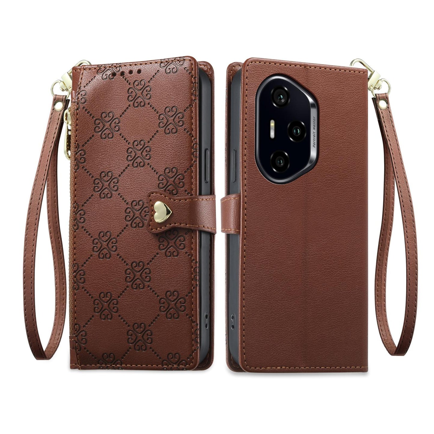 For Honor 300 Pro Zipper Wallet Heart Buckle Vegan Leather Phone Case with Wrist Strap(Brown)