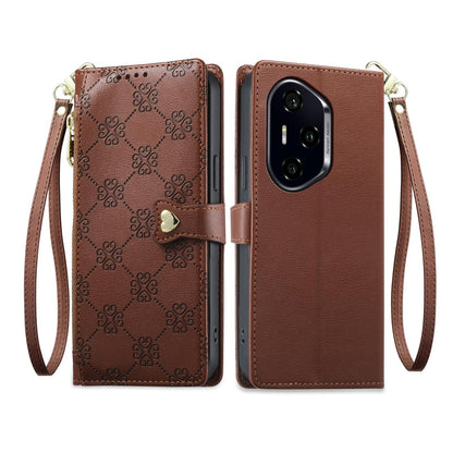 For Honor 300 Pro Zipper Wallet Heart Buckle Vegan Leather Phone Case with Wrist Strap(Brown)