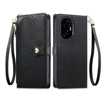 For Honor 300 Zipper Wallet Heart Buckle Vegan Leather Phone Case with Wrist Strap(Black)
