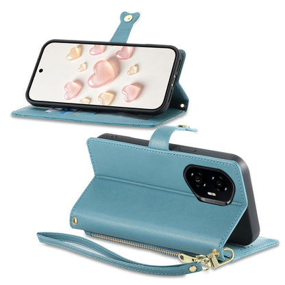For Honor 300 Zipper Wallet Heart Buckle Vegan Leather Phone Case with Wrist Strap(Lake Blue)