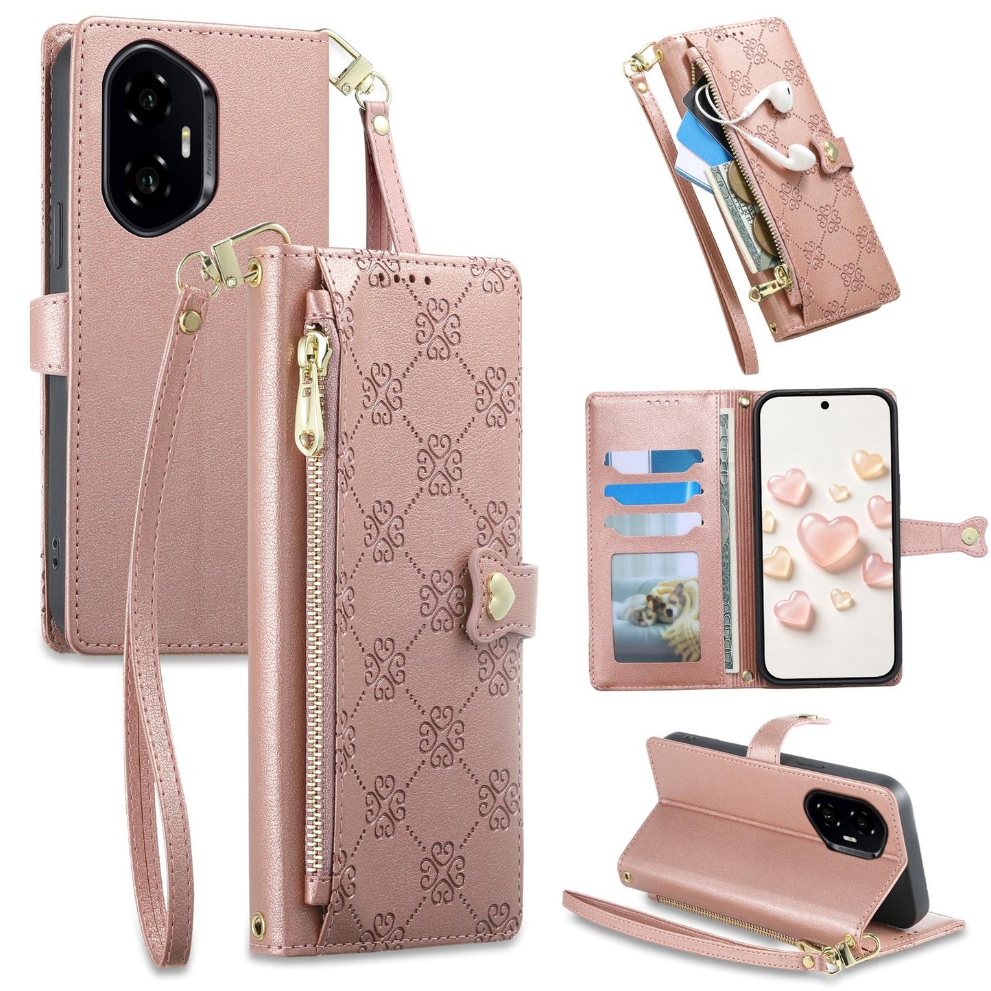 For Honor 300 Zipper Wallet Heart Buckle Vegan Leather Phone Case with Wrist Strap(Pink)