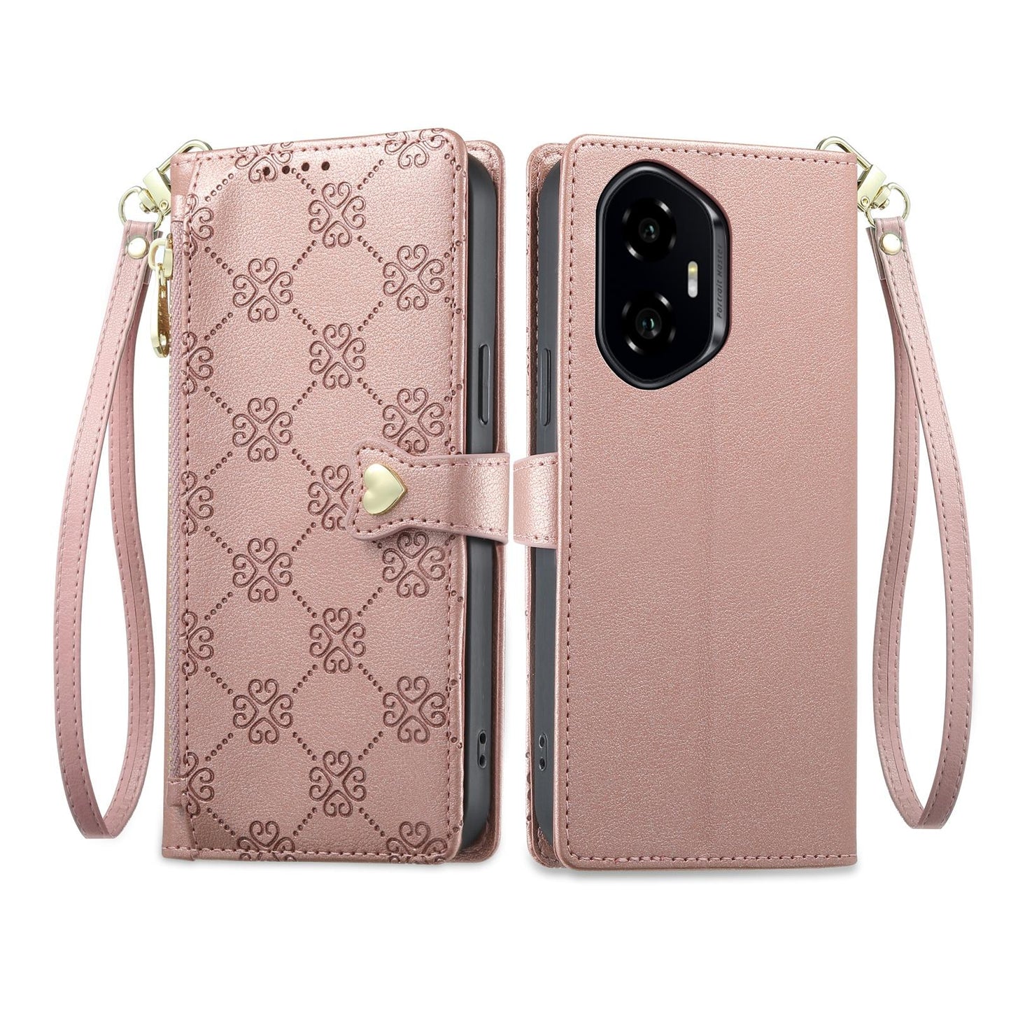 For Honor 300 Zipper Wallet Heart Buckle Vegan Leather Phone Case with Wrist Strap(Pink)