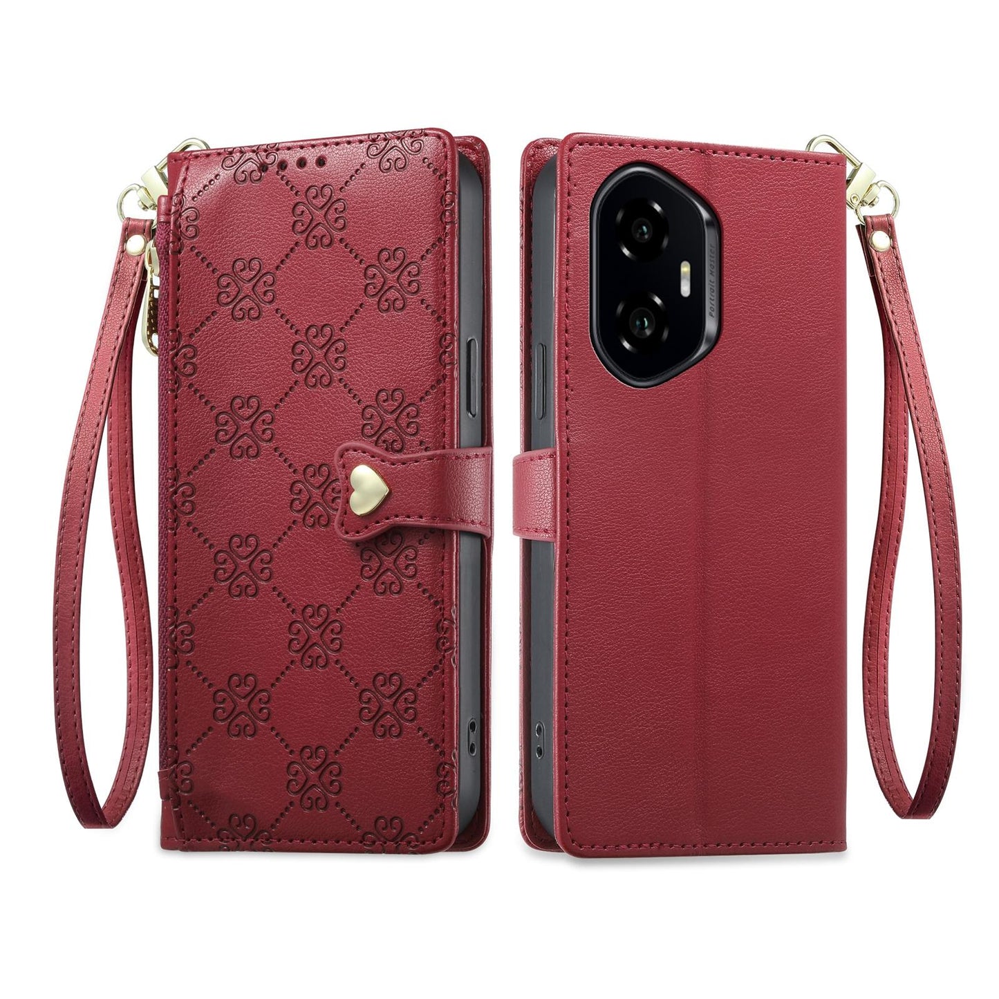 For Honor 300 Zipper Wallet Heart Buckle Vegan Leather Phone Case with Wrist Strap(Red)