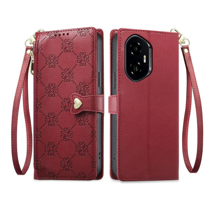 For Honor 300 Zipper Wallet Heart Buckle Vegan Leather Phone Case with Wrist Strap(Red)
