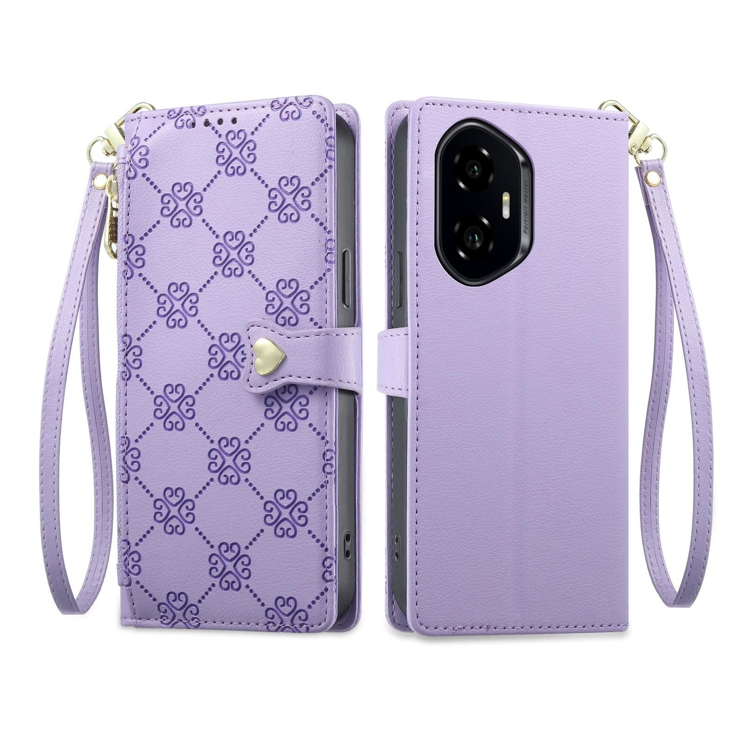 For Honor 300 Zipper Wallet Heart Buckle Vegan Leather Phone Case with Wrist Strap(Purple)