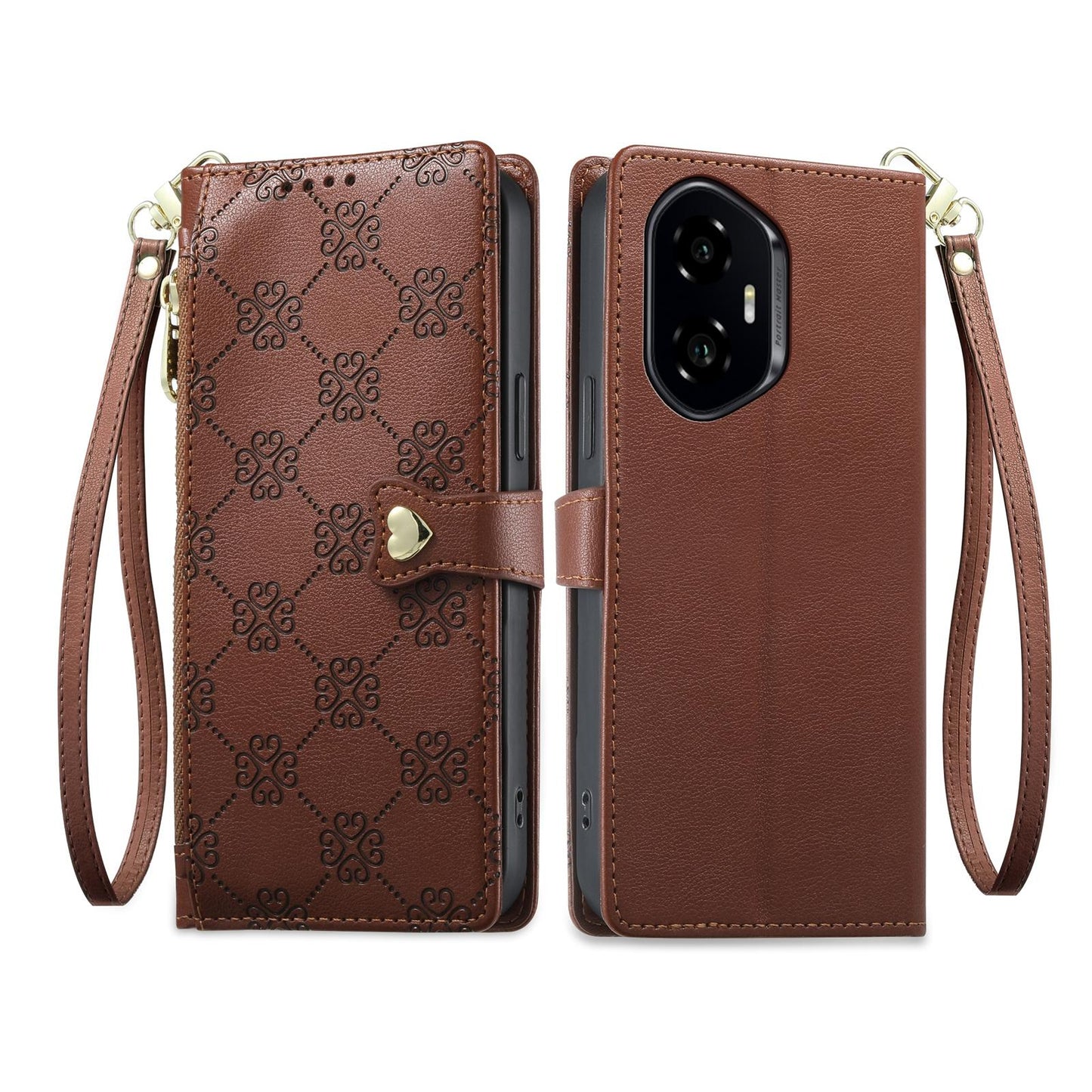 For Honor 300 Zipper Wallet Heart Buckle Vegan Leather Phone Case with Wrist Strap(Brown)