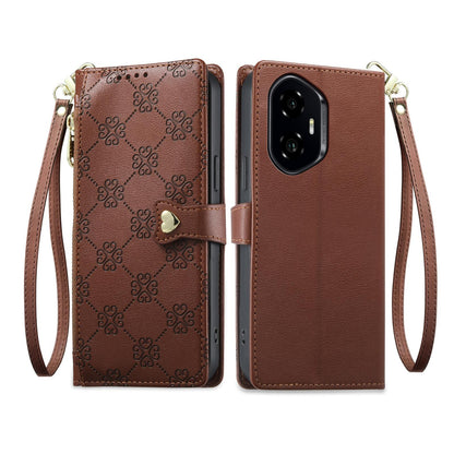 For Honor 300 Zipper Wallet Heart Buckle Vegan Leather Phone Case with Wrist Strap(Brown)