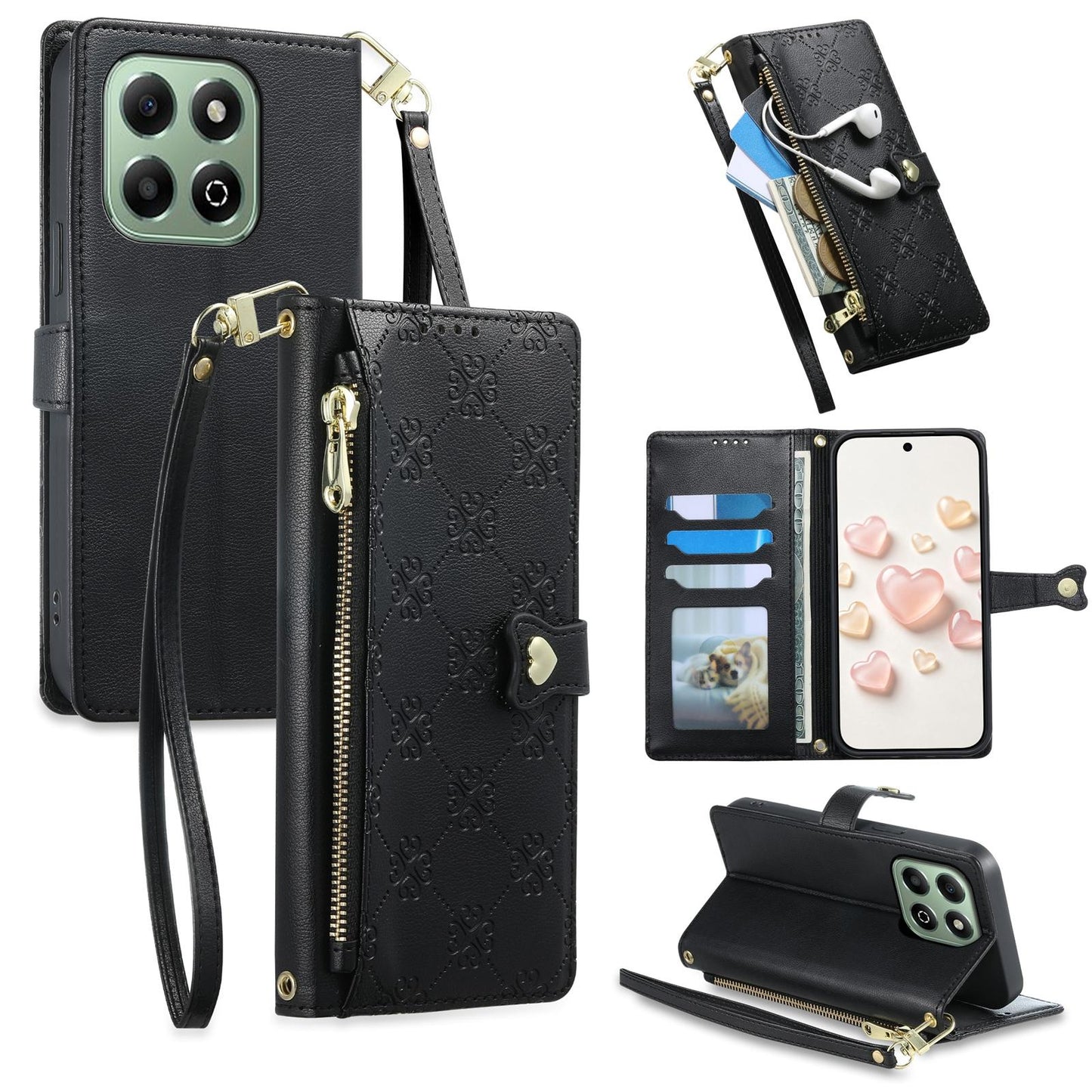 For Honor X6b 4G / X6a 4G Zipper Wallet Heart Buckle Vegan Leather Phone Case with Wrist Strap(Black)