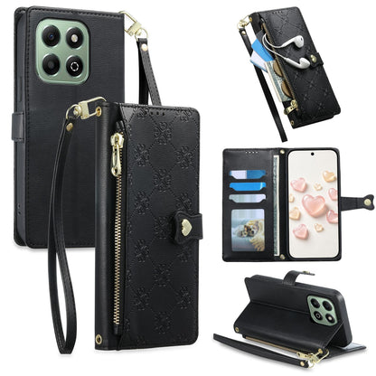 For Honor X6b 4G / X6a 4G Zipper Wallet Heart Buckle Vegan Leather Phone Case with Wrist Strap(Black)
