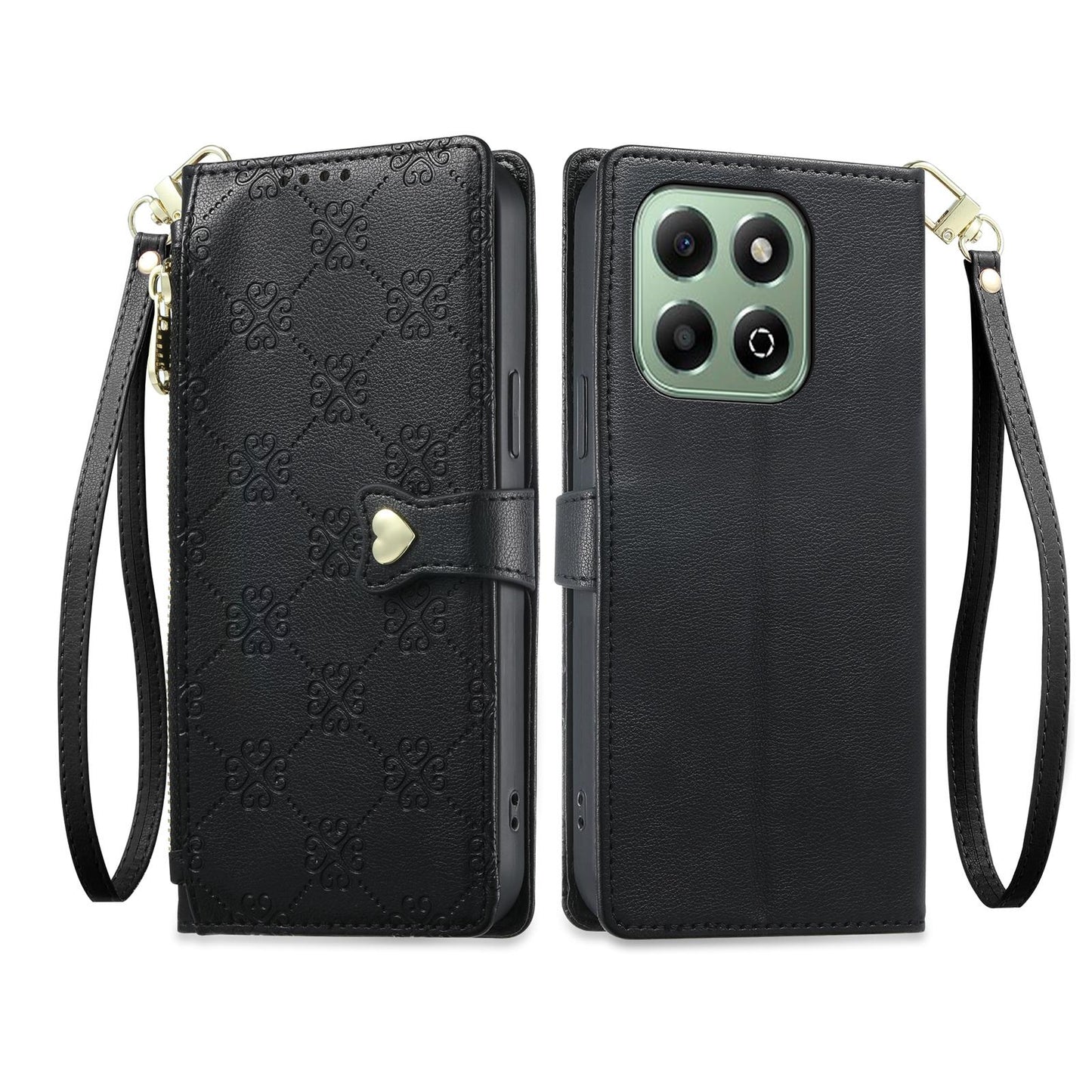 For Honor X6b 4G / X6a 4G Zipper Wallet Heart Buckle Vegan Leather Phone Case with Wrist Strap(Black)