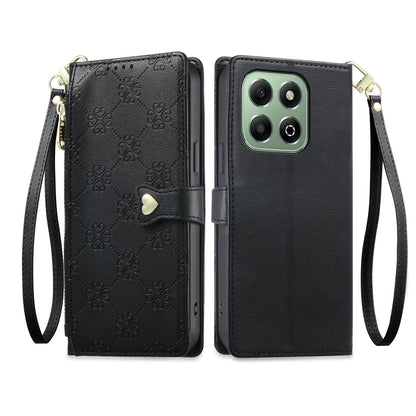For Honor X6b 4G / X6a 4G Zipper Wallet Heart Buckle Vegan Leather Phone Case with Wrist Strap(Black)