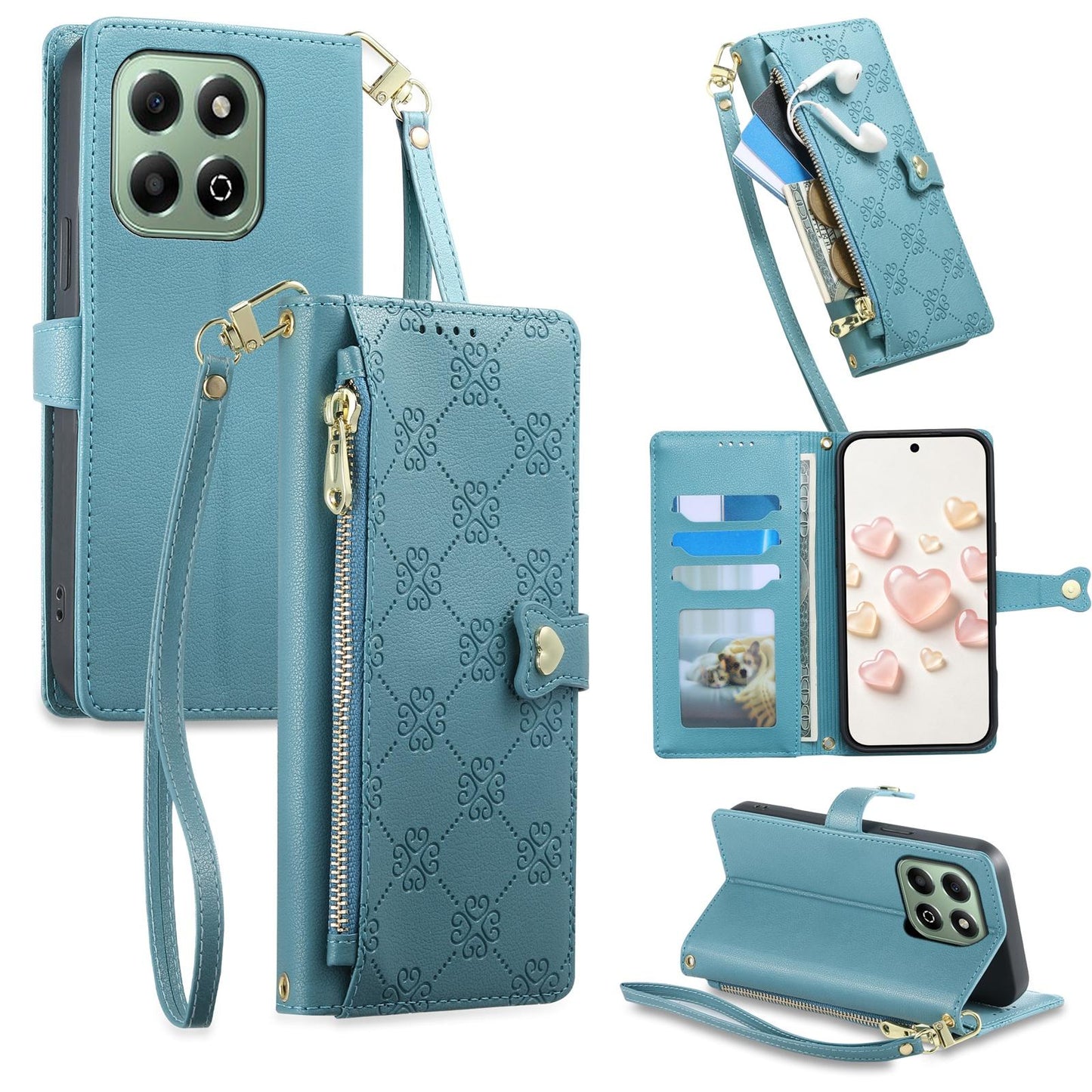 For Honor X6b 4G / X6a 4G Zipper Wallet Heart Buckle Vegan Leather Phone Case with Wrist Strap(Lake Blue)