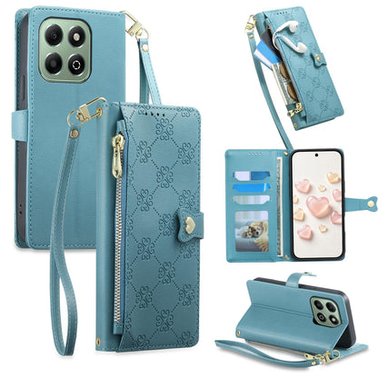 For Honor X6b 4G / X6a 4G Zipper Wallet Heart Buckle Vegan Leather Phone Case with Wrist Strap(Lake Blue)