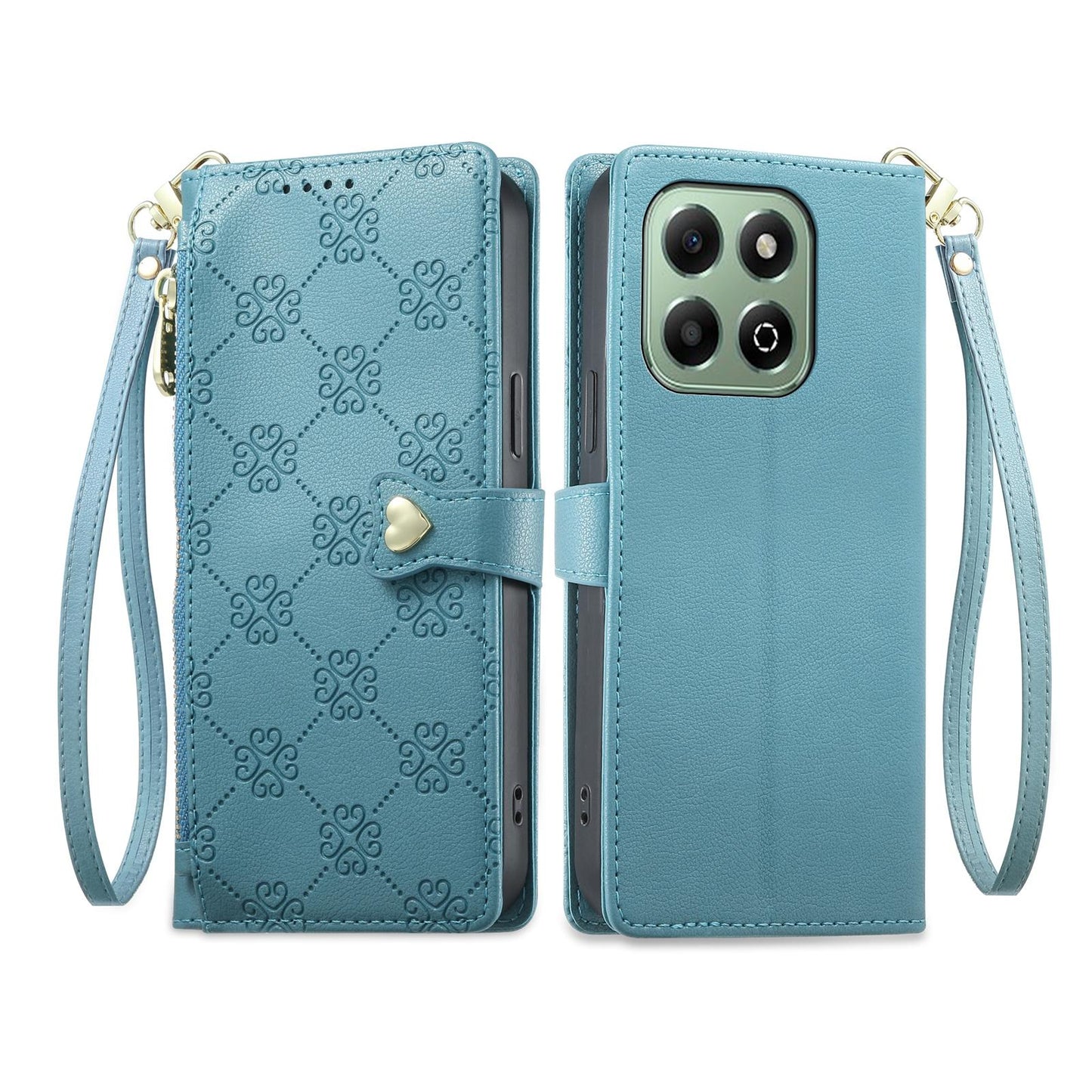 For Honor X6b 4G / X6a 4G Zipper Wallet Heart Buckle Vegan Leather Phone Case with Wrist Strap(Lake Blue)