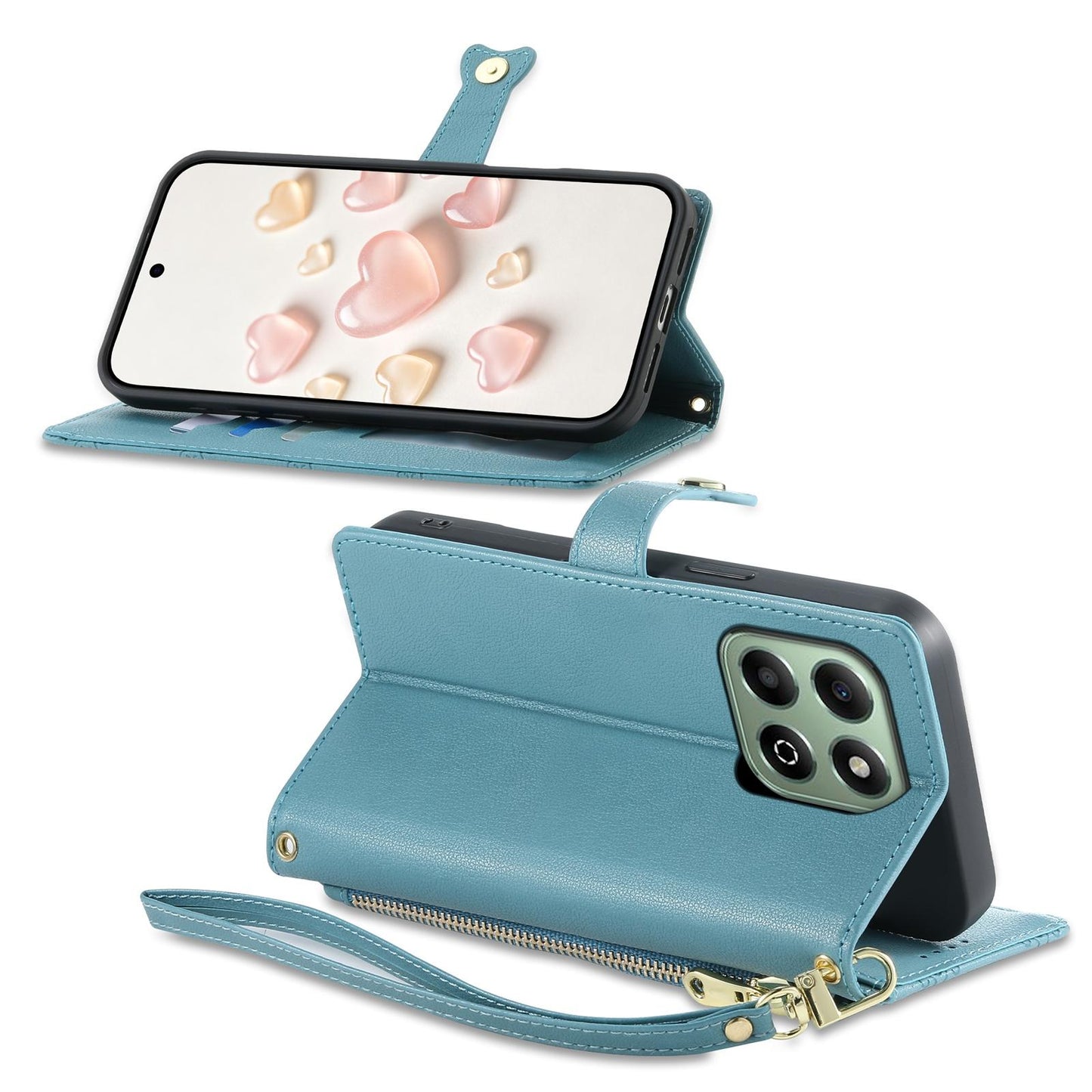 For Honor X6b 4G / X6a 4G Zipper Wallet Heart Buckle Vegan Leather Phone Case with Wrist Strap(Lake Blue)