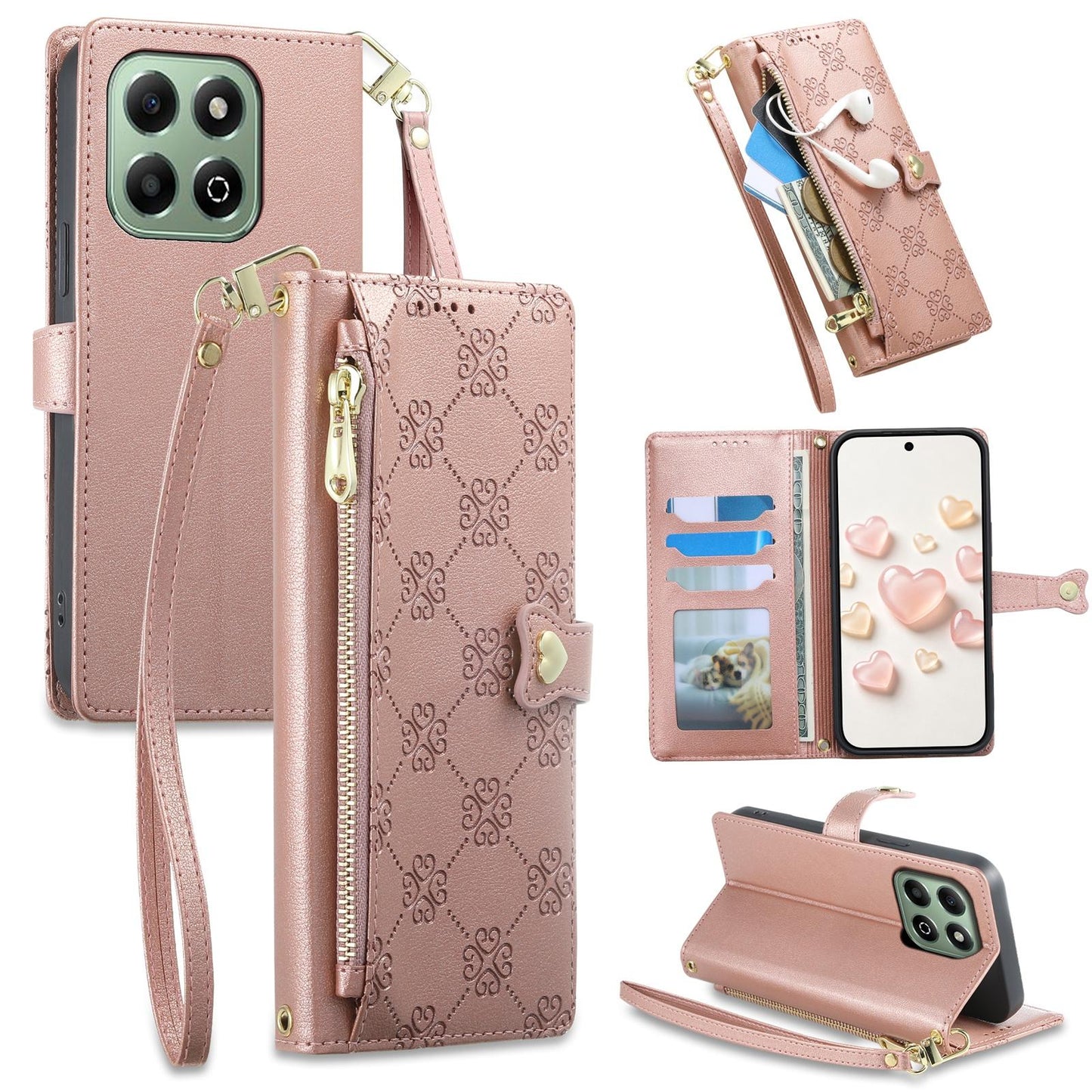 For Honor X6b 4G / X6a 4G Zipper Wallet Heart Buckle Vegan Leather Phone Case with Wrist Strap(Pink)