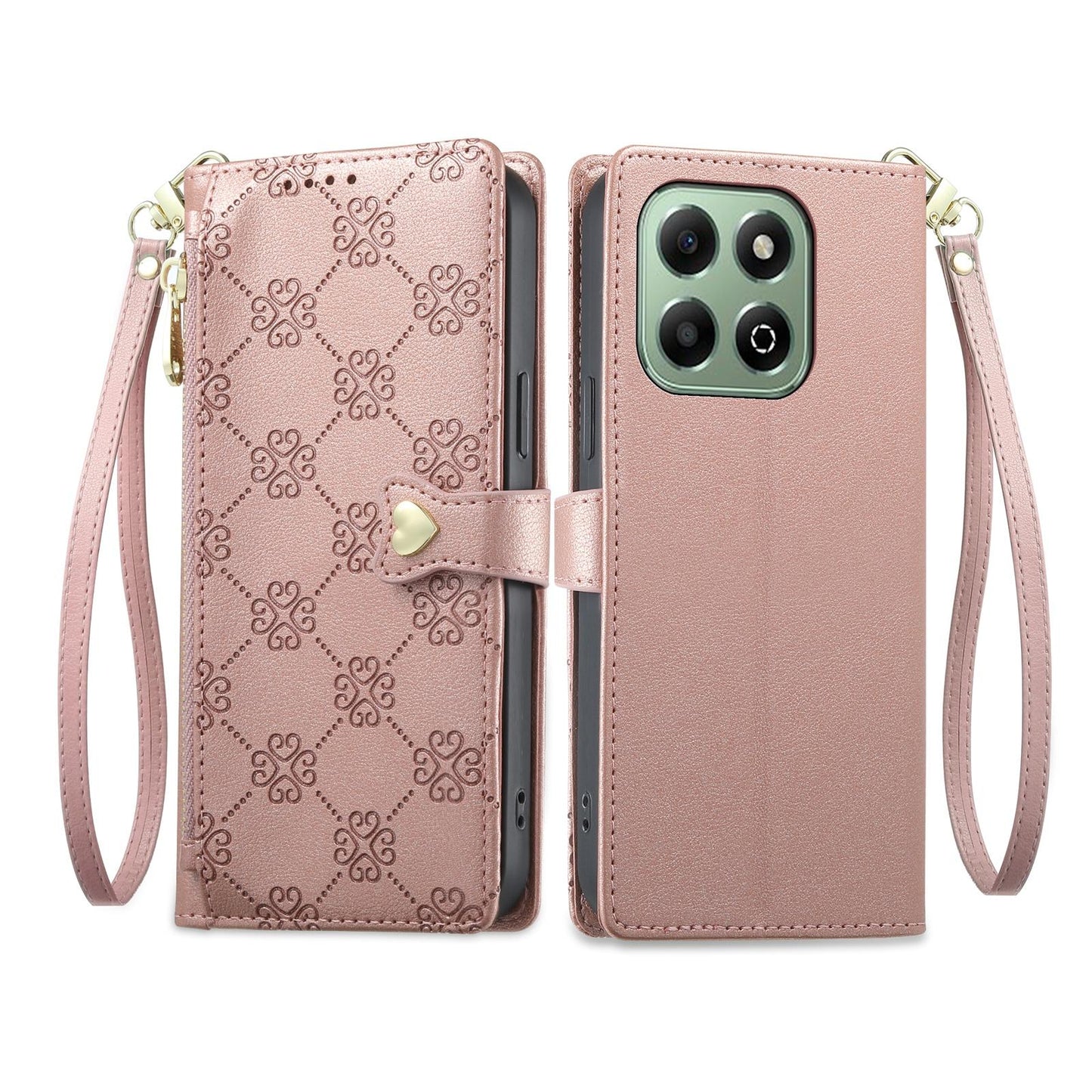 For Honor X6b 4G / X6a 4G Zipper Wallet Heart Buckle Vegan Leather Phone Case with Wrist Strap(Pink)