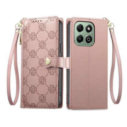 For Honor X6b 4G / X6a 4G Zipper Wallet Heart Buckle Vegan Leather Phone Case with Wrist Strap(Pink)