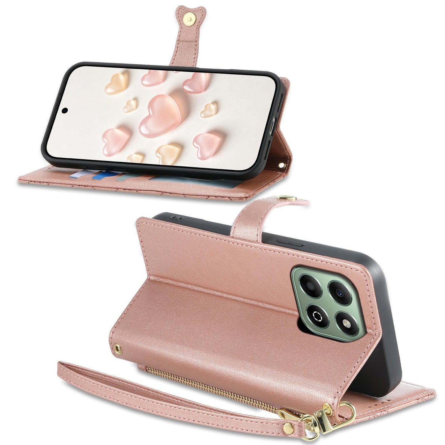 For Honor X6b 4G / X6a 4G Zipper Wallet Heart Buckle Vegan Leather Phone Case with Wrist Strap(Pink)