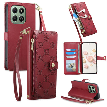 For Honor X6b 4G / X6a 4G Zipper Wallet Heart Buckle Vegan Leather Phone Case with Wrist Strap(Red)