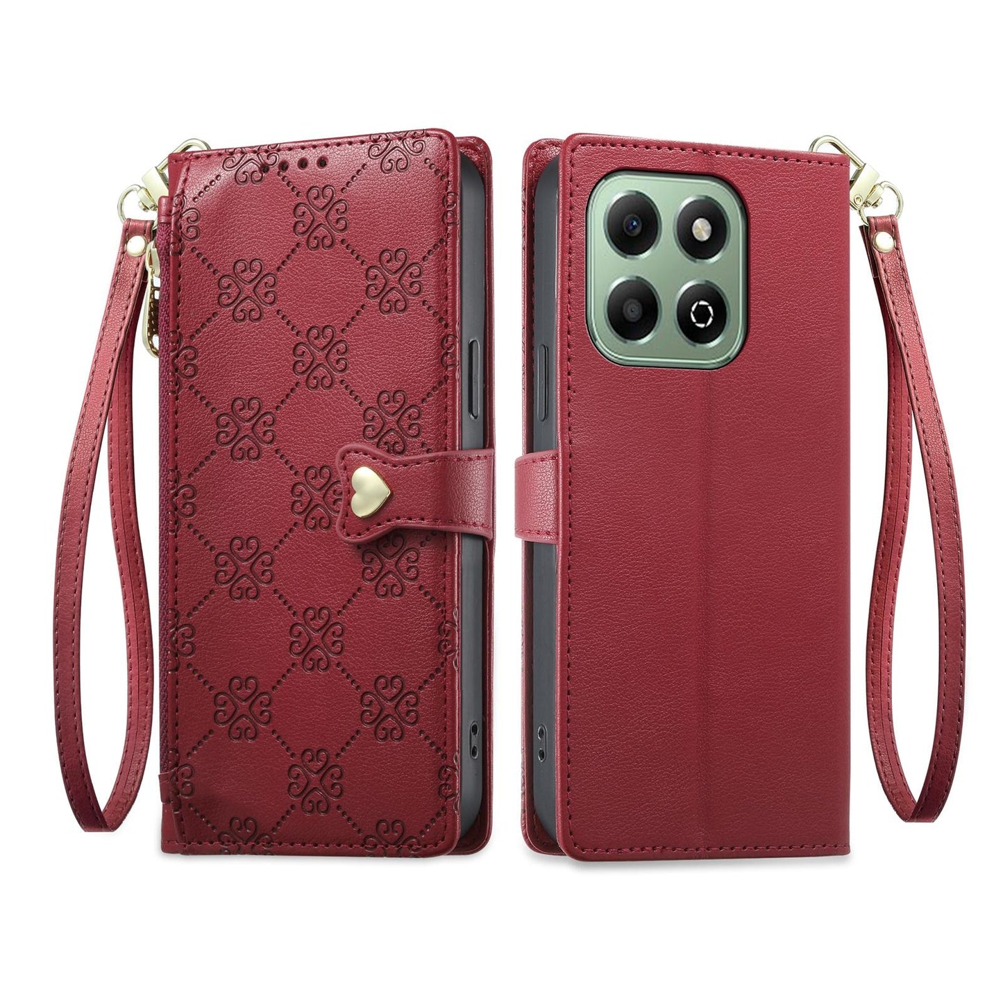 For Honor X6b 4G / X6a 4G Zipper Wallet Heart Buckle Vegan Leather Phone Case with Wrist Strap(Red)