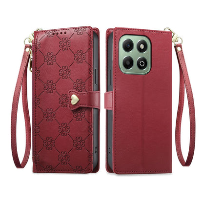 For Honor X6b 4G / X6a 4G Zipper Wallet Heart Buckle Vegan Leather Phone Case with Wrist Strap(Red)