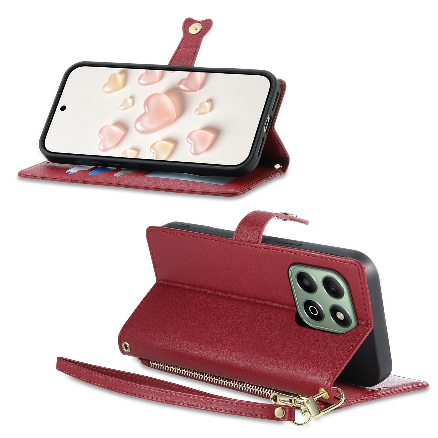 For Honor X6b 4G / X6a 4G Zipper Wallet Heart Buckle Vegan Leather Phone Case with Wrist Strap(Red)