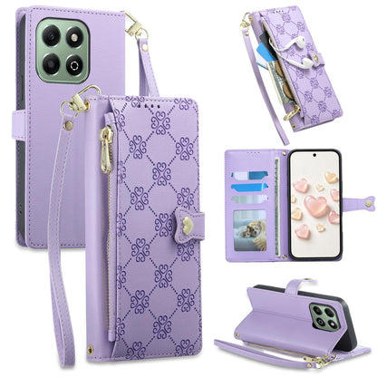 For Honor X6b 4G / X6a 4G Zipper Wallet Heart Buckle Vegan Leather Phone Case with Wrist Strap(Purple)