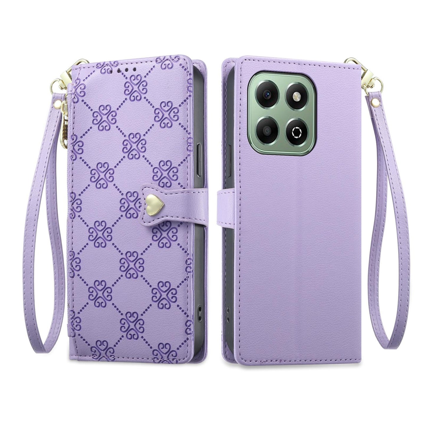 For Honor X6b 4G / X6a 4G Zipper Wallet Heart Buckle Vegan Leather Phone Case with Wrist Strap(Purple)