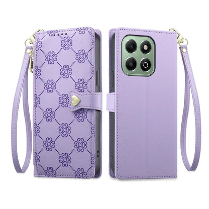 For Honor X6b 4G / X6a 4G Zipper Wallet Heart Buckle Vegan Leather Phone Case with Wrist Strap(Purple)