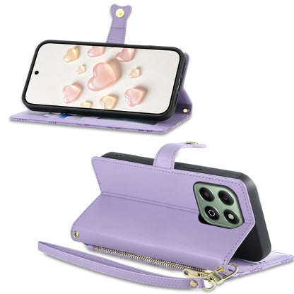 For Honor X6b 4G / X6a 4G Zipper Wallet Heart Buckle Vegan Leather Phone Case with Wrist Strap(Purple)
