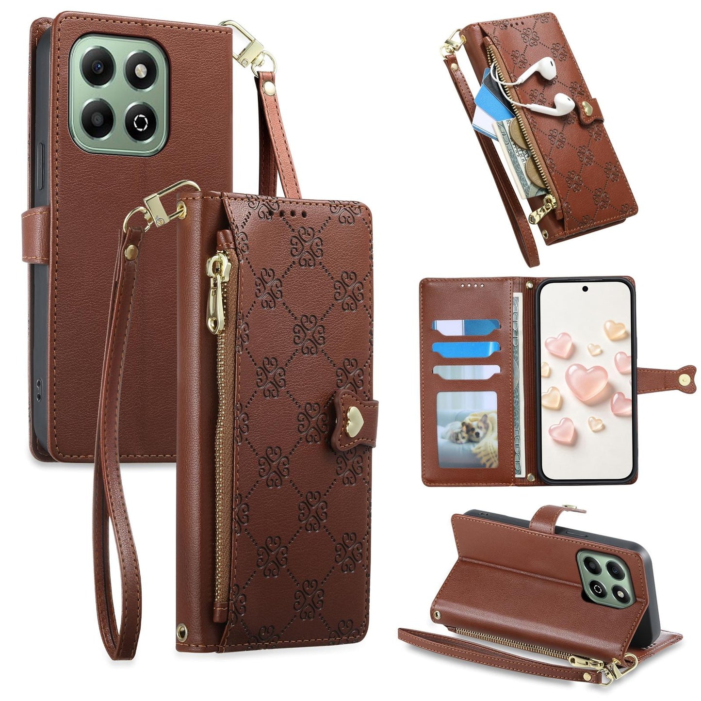 For Honor X6b 4G / X6a 4G Zipper Wallet Heart Buckle Vegan Leather Phone Case with Wrist Strap(Brown)