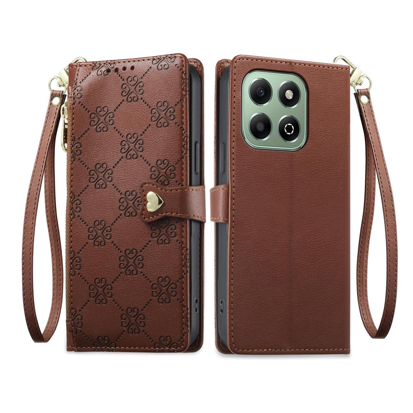 For Honor X6b 4G / X6a 4G Zipper Wallet Heart Buckle Vegan Leather Phone Case with Wrist Strap(Brown)