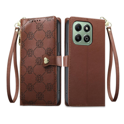 For Honor X6b 4G / X6a 4G Zipper Wallet Heart Buckle Vegan Leather Phone Case with Wrist Strap(Brown)