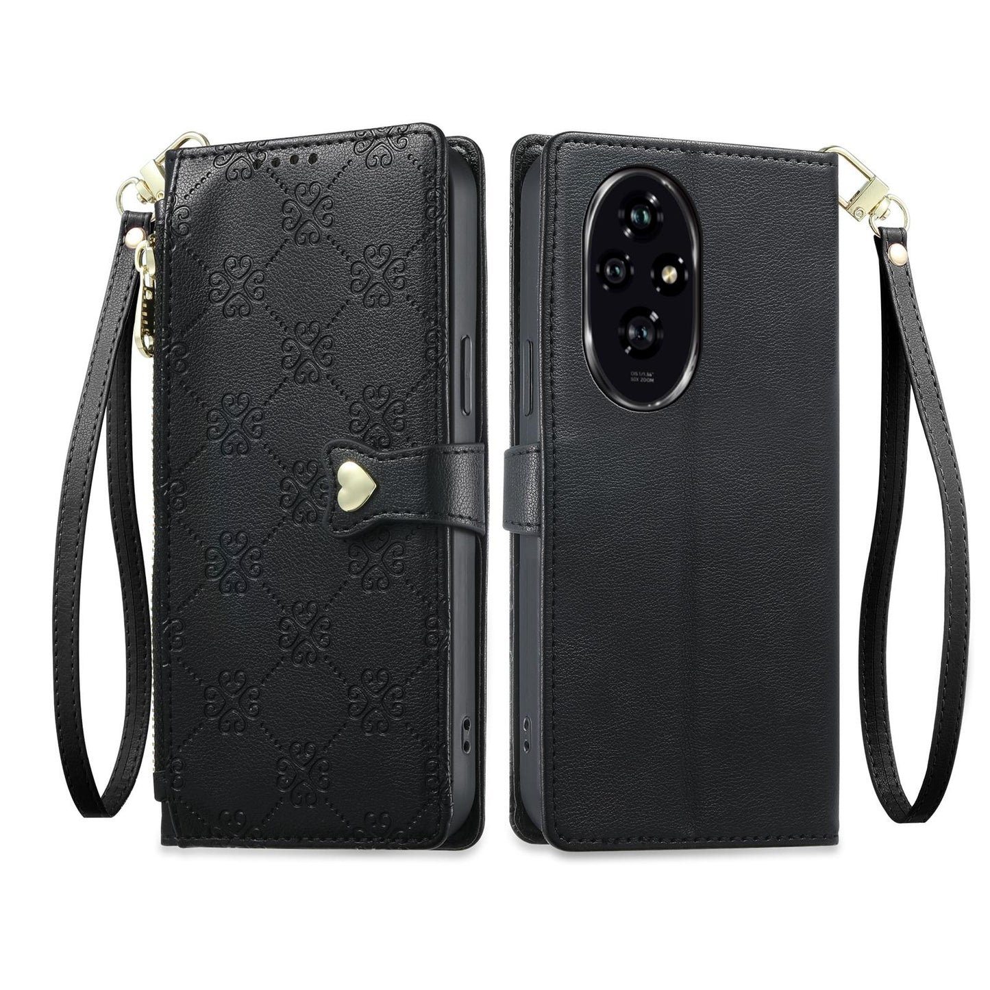 For Honor 200 Zipper Wallet Heart Buckle Vegan Leather Phone Case with Wrist Strap(Black)