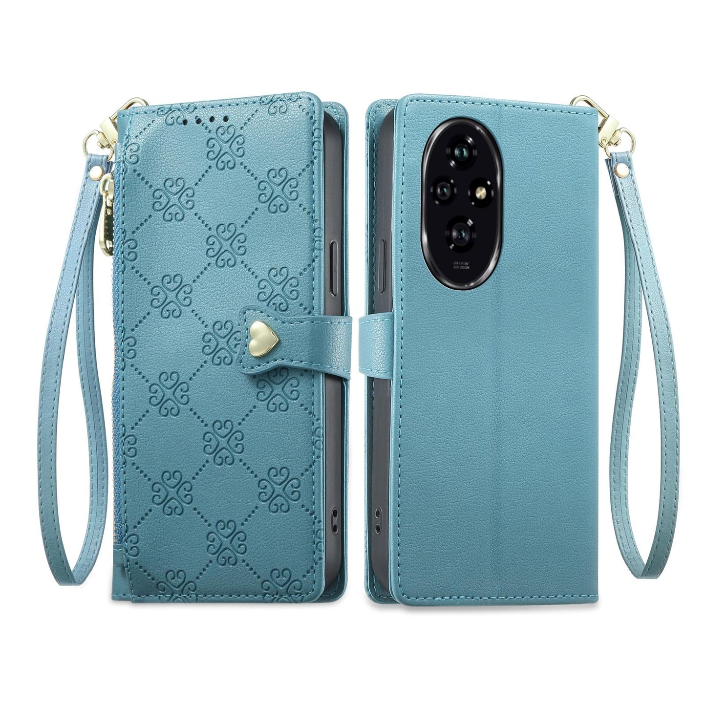 For Honor 200 Zipper Wallet Heart Buckle Vegan Leather Phone Case with Wrist Strap(Lake Blue)