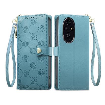 For Honor 200 Zipper Wallet Heart Buckle Vegan Leather Phone Case with Wrist Strap(Lake Blue)
