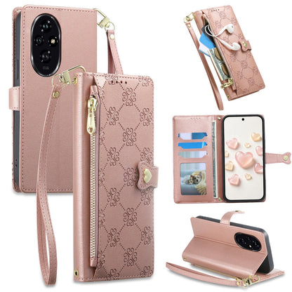 For Honor 200 Zipper Wallet Heart Buckle Vegan Leather Phone Case with Wrist Strap(Pink)