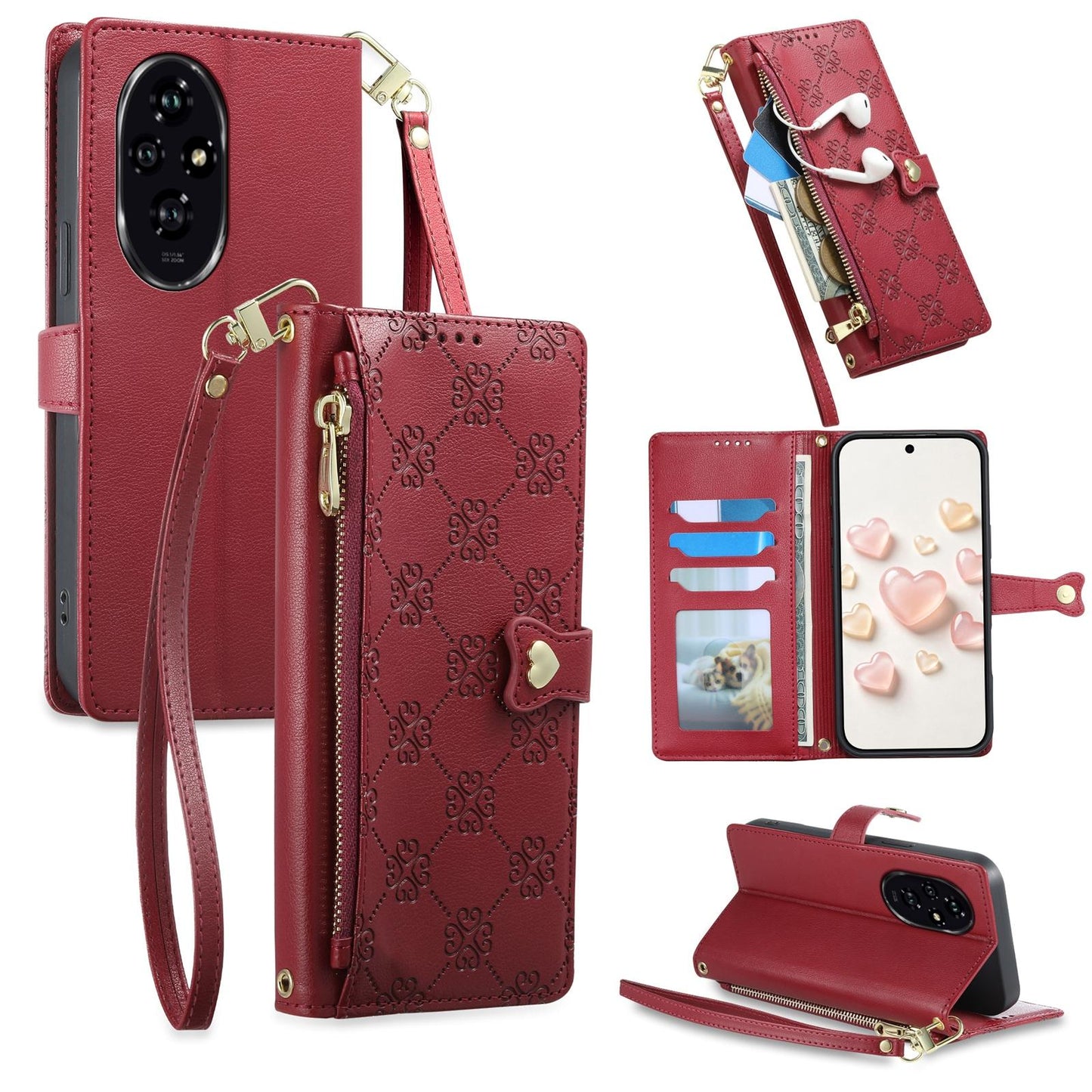 For Honor 200 Zipper Wallet Heart Buckle Vegan Leather Phone Case with Wrist Strap(Red)