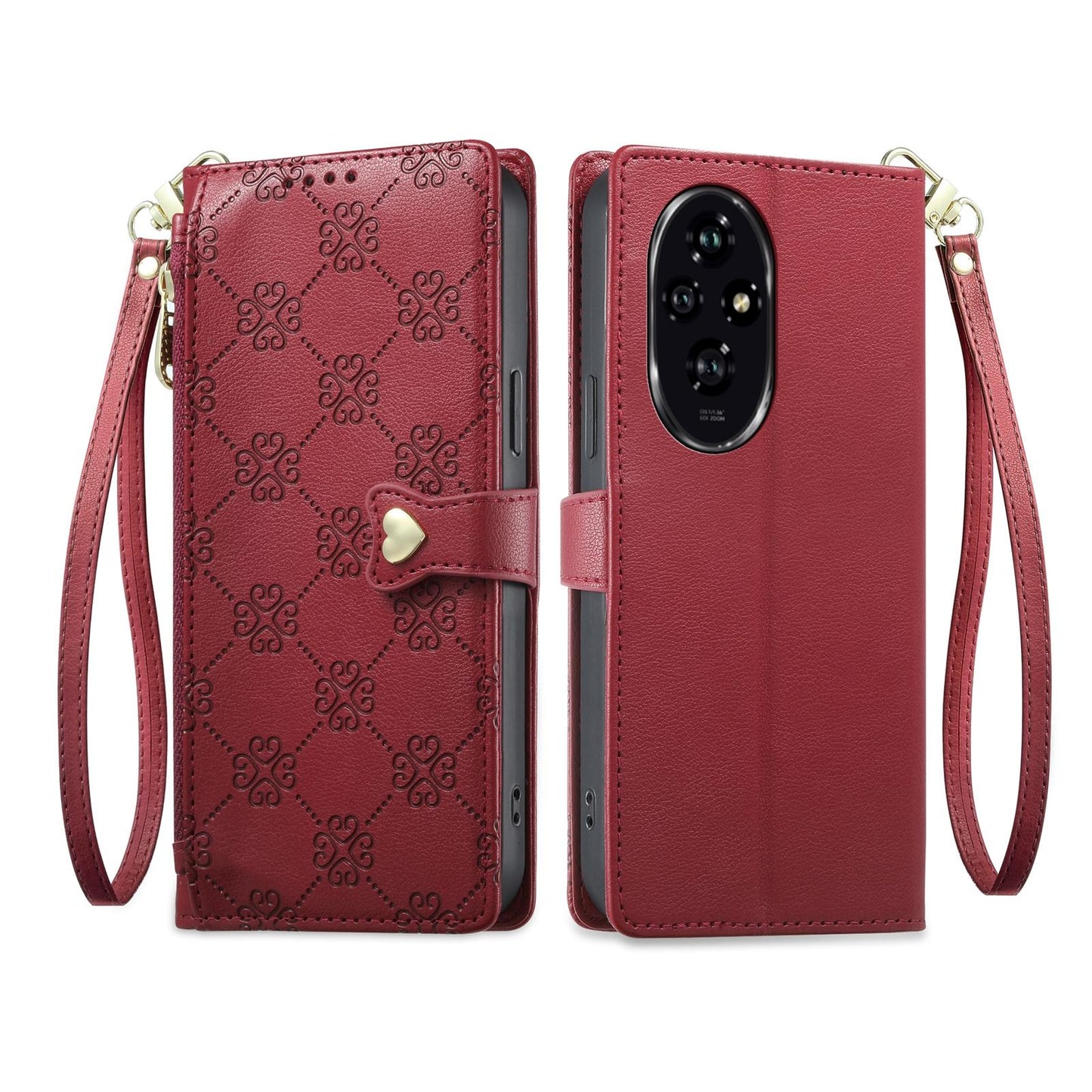 For Honor 200 Zipper Wallet Heart Buckle Vegan Leather Phone Case with Wrist Strap(Red)