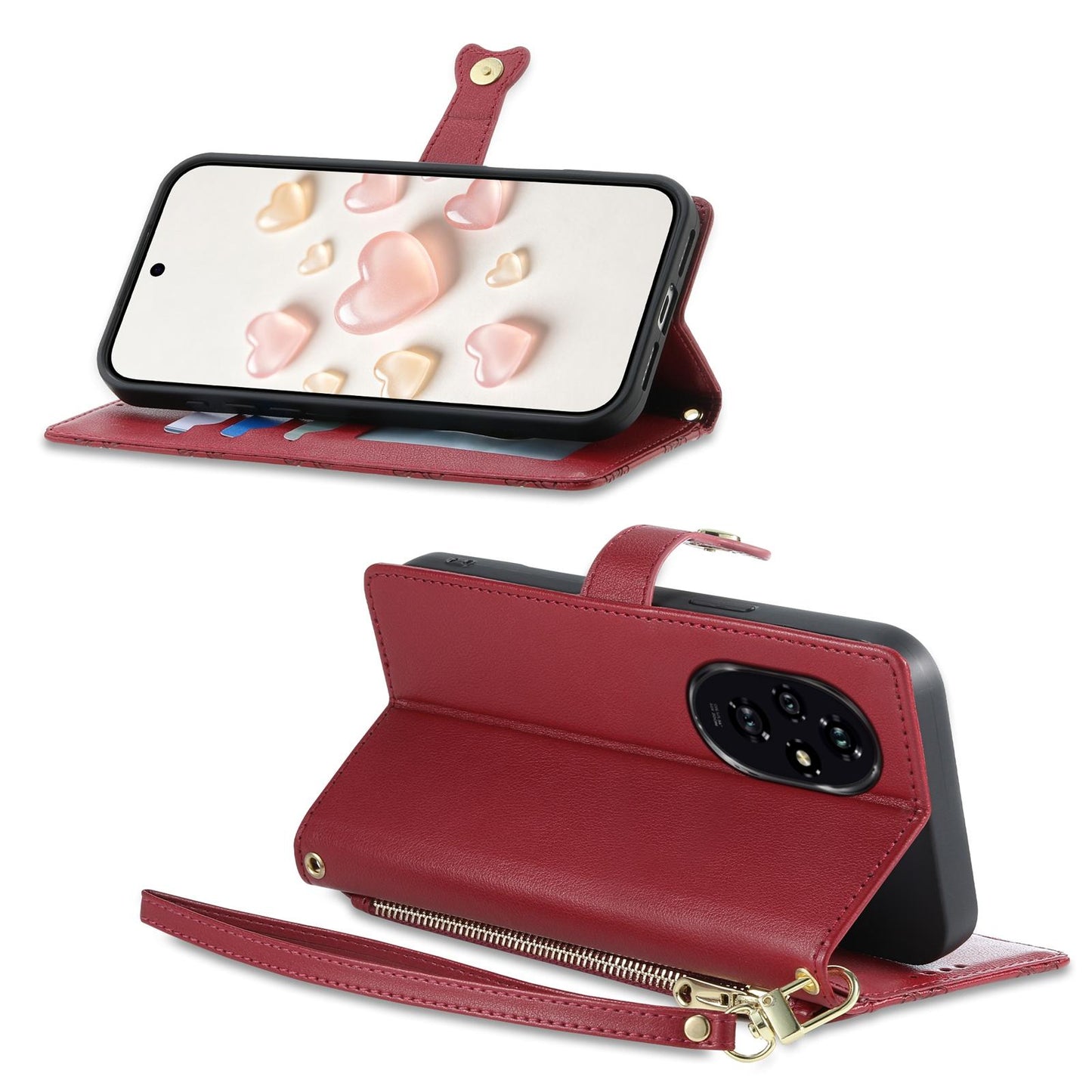 For Honor 200 Zipper Wallet Heart Buckle Vegan Leather Phone Case with Wrist Strap(Red)