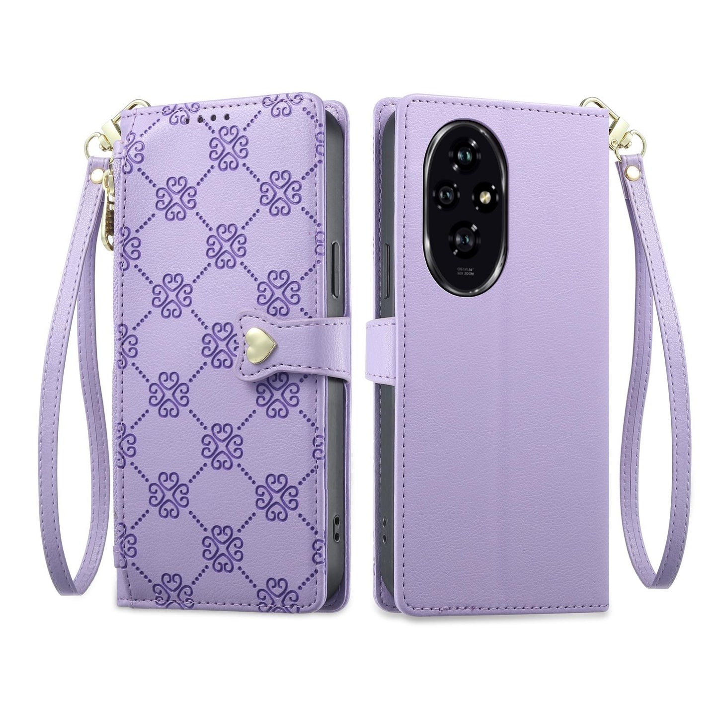 For Honor 200 Zipper Wallet Heart Buckle Vegan Leather Phone Case with Wrist Strap(Purple)